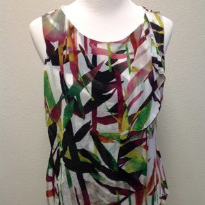 Worthington Women’s Multi-Colored Bamboo Print Sheer Sleeveless Top Blouse Sz L